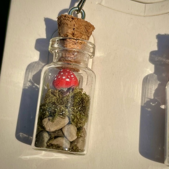 Handcrafted Clay Mushroom Real Terrarium Jar Dangle Earring - Picture 2 of 3